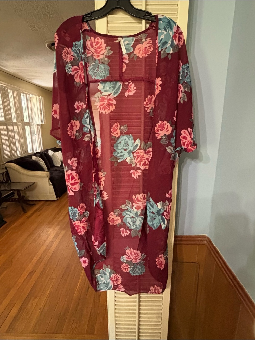 Truth Sheer Floral Kimono Cardigan - Burgundy Pink Blue - Picture 2 of 4